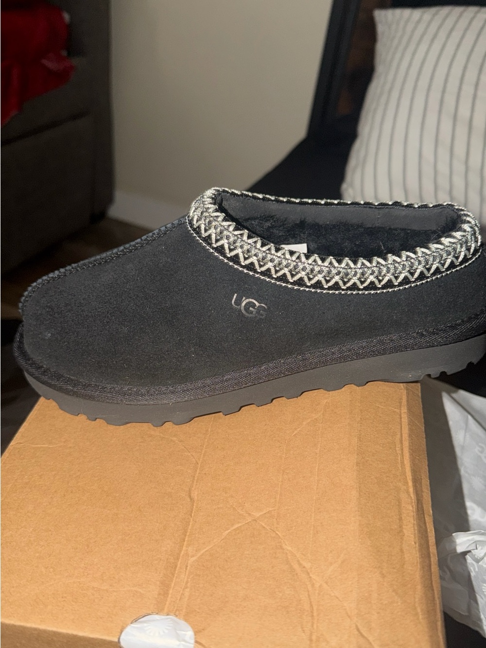 UGG Black Suede Slip-On Mule with Contrast Stitching